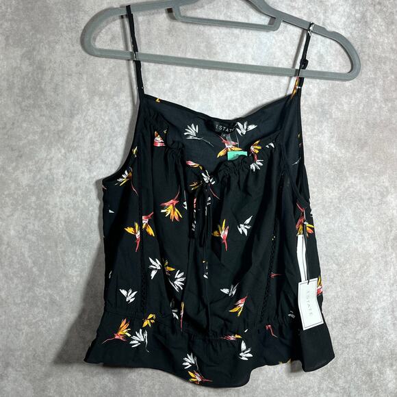 1. State Tabea Top Womens Large Black Floral Spaghetti Strap Ruffle Hem Boho NEW - Picture 1 of 9